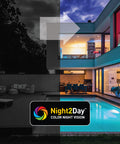 Powerful sensor spotlights ensure you can see people, objects & activity up to 32ft/10m in rich color at night.