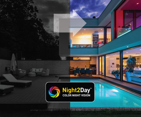 Powerful sensor spotlights ensure you can see people, objects & activity up to 32ft/10m in rich color at night.