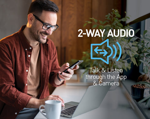 Use the microphone & speaker to talk with people near the cameras. Scare off intruders or ask the delivery person to hide the package somewhere safe.